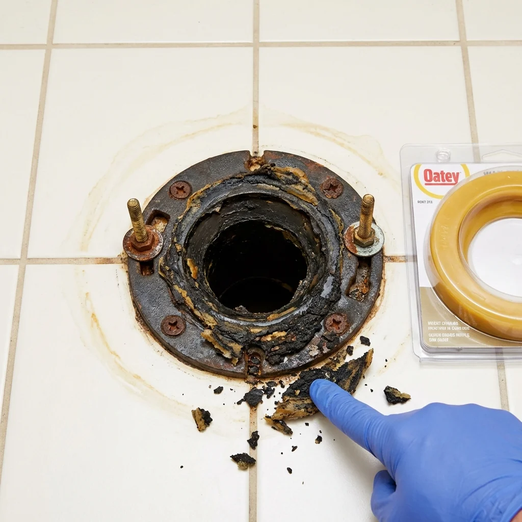 Failed wax ring showing water seepage at the base of a toilet in a Rawlins, WY home