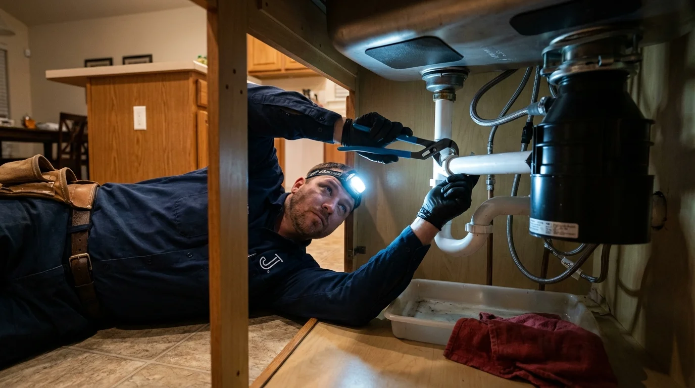 P-trap and supply line connections under a kitchen sink showing a common leak point in Rawlins, WY